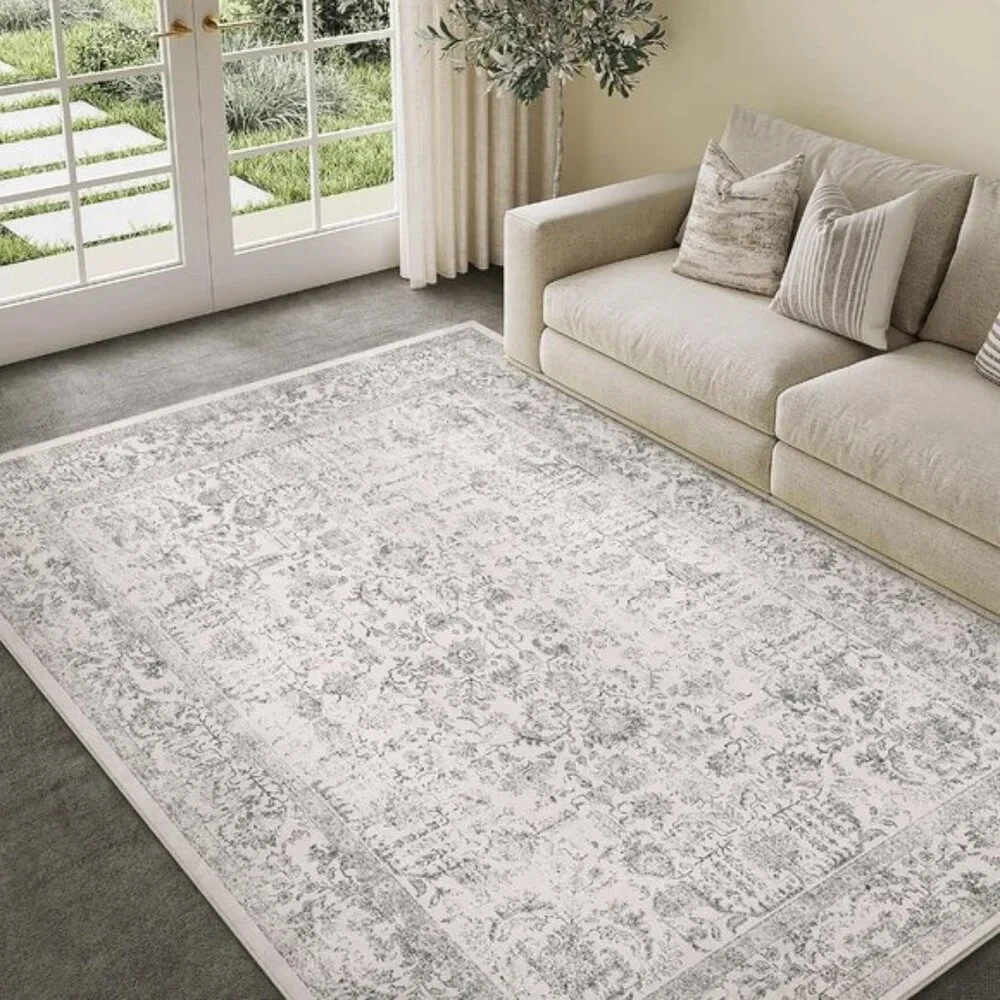 New 5x7 Gray Vintage Rug, Washable Non-Slip Floral Carpet for Home & Room Decor